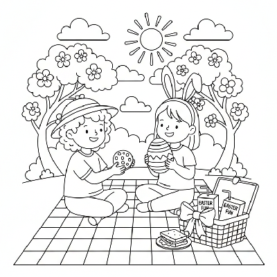 Black and white line art of two children enjoying an outdoor Easter picnic on a blanket with food and an Easter egg.