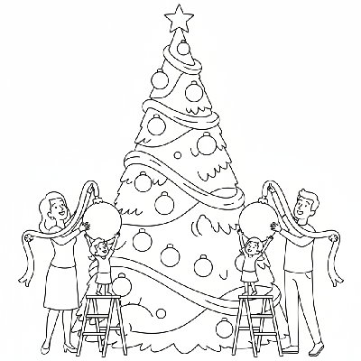 Line art of a family decorating a grand Christmas tree with oversized baubles and lush garland.