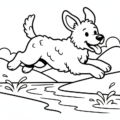 Black and white line art of a happy dog playfully leaping over a narrow stream, for Indian toddlers.