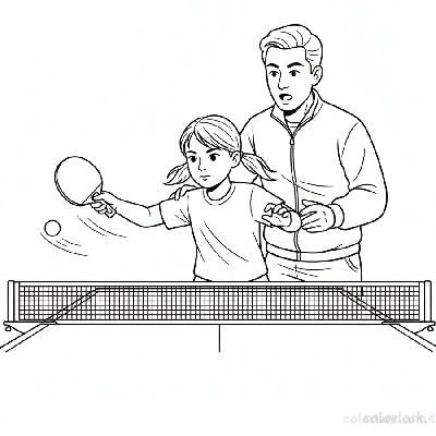 Black and white line art of a girl learning spin serve follow-through with coach feedback at a table tennis table.