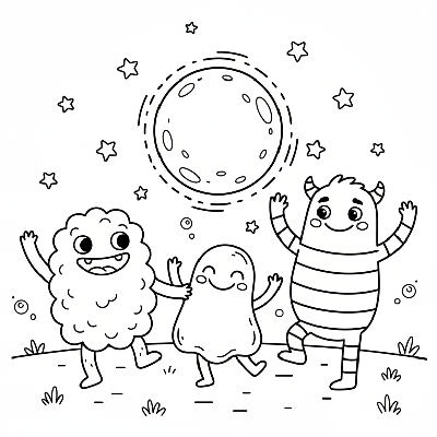 Black and white line art of friendly monsters dancing under a full moon with stars, cute Halloween coloring page.
