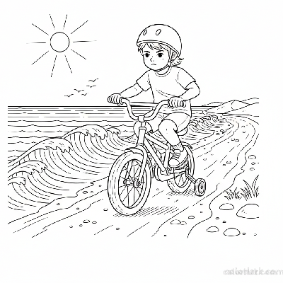 Black and white line art coloring page of a child with a helmet, taking their first bike ride on a scenic coastline trail.