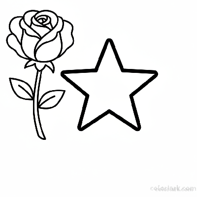 Easy rose outline with a star coloring page for kids, black and white line art, simple flower and star drawing.