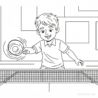 Line art of a smiling child performing a forehand block against spin in table tennis.