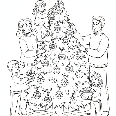 Line art of a family hanging traditional glass ball ornaments on a classic Christmas tree.