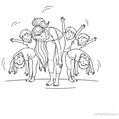 Line art of children practicing Rag Doll Pose with a yoga teacher.