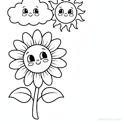 Black and white line art of a sunflower looking at a happy cloud and sun