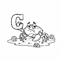 Black and white line art of a cartoon crab carrying the letter C on a beach.