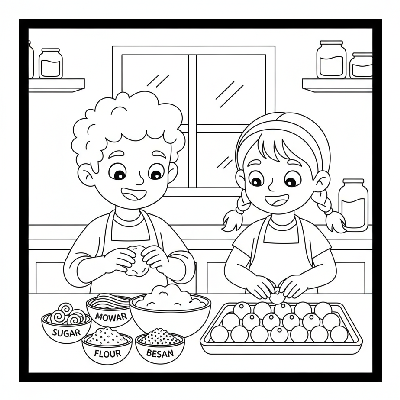 Children happily helping to make delicious homemade ladoos for Diwali celebration sweets in a kitchen, line art