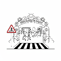 Black and white line art of an Indian pedestrian crossing warning sign at the entrance to a children's park.