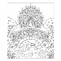 Detailed coloring page of a peacock on a bridge over a stream.