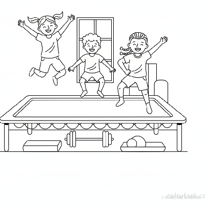 Black and white line art of active children engaged in trampoline fun and fitness on a large trampoline.