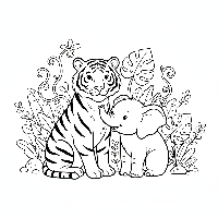 Indian tiger and elephant friends jungle coloring page