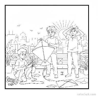 Line art of Indian boys preparing for an evening kite flying session on an Indian city rooftop, for coloring.
