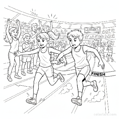 Line art of kids in an athletics relay, sprinting to a finish line with cheering teammates and coaches