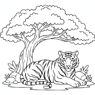 Black and white line art coloring page of a majestic white tiger resting under a tree in the shade.