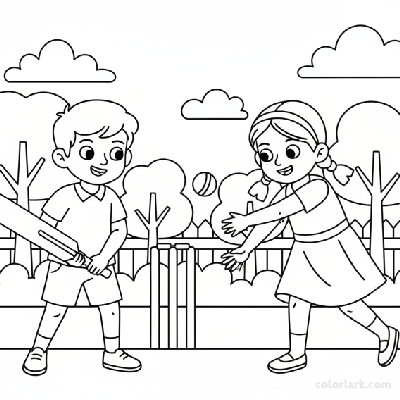 Line art coloring page of two Indian kids, a boy batting and a girl bowling, in a backyard cricket match.