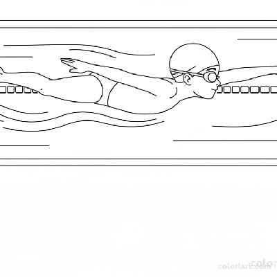 Black and white line art of a graceful child freestyle gliding in a pool, wearing a swim cap and goggles.