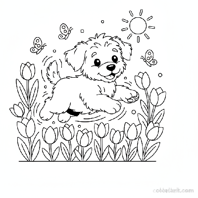 Line art illustration of a playful puppy bounding through a field of blooming tulips