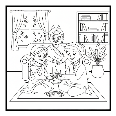 Line art of a Rakhi ceremony with grandparents observing lovingly