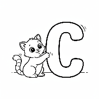 Black and white line art of a playful kitten batting at the letter C.