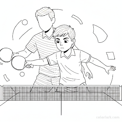 Line art of a young boy practicing a forehand drive with a shadow coach.