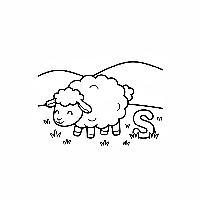 Black and white line art of a fluffy sheep grazing by the letter S.