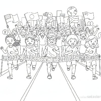 Line art of diverse kids sprinting in a global race to a finish line with flags, cheered by a multi-cultural crowd