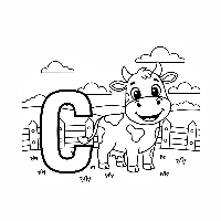 Black and white line art of a friendly cow standing beside the letter C.