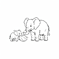 Baby elephant nudging rolling stone, mother watching - coloring page