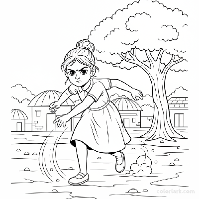 Little Indian girl in mid-action, practicing her bowling technique on a dusty village ground.
