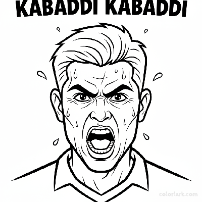 Black and white line art of an Indian Kabaddi player with an intense stare, chanting 'Kabaddi Kabaddi'.