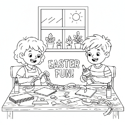 Black and white line art of two children making colorful paper chains at a table for Easter decorations.