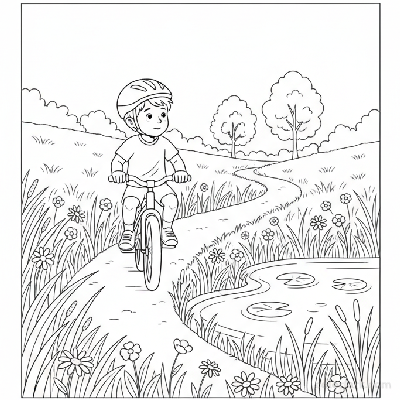 Black and white line art coloring page of a child with a helmet, riding a bicycle on a path through a meadow alongside a pond.