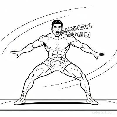 Low angle black and white line art of an Indian Kabaddi player chanting 'Kabaddi Kabaddi'.