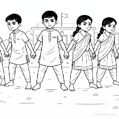 Black and white line art of young Indian children forming a strong kabaddi defense chain, holding hands firmly with focused expressions.