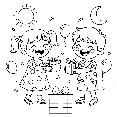 Black and white line art of two cartoon children, brother and sister, exchanging Rakhi gifts.