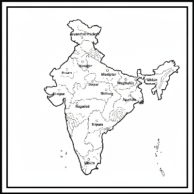 Line art coloring map of Northeast Indian states including the Seven Sisters and Sikkim, with their capitals.