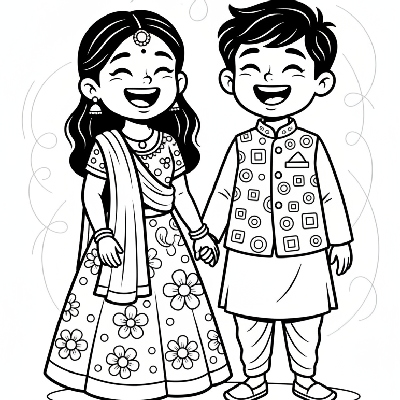 A little girl and boy dressed in traditional Diwali attire, laughing happily and standing together, black-and-white line art