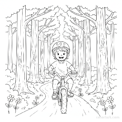 Black and white line art coloring page of a child wearing a helmet, happily riding a bicycle on a winding dirt path through a forest.
