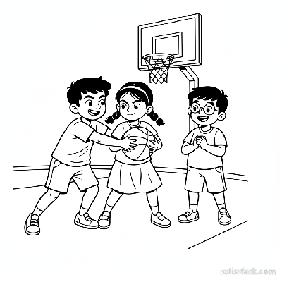Line art of Indian children in friendly competition during street basketball, with a friend cheering.