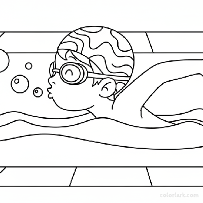 Black and white line art of a playful child blowing bubbles while swimming freestyle in a pool, wearing a swim cap and goggles.