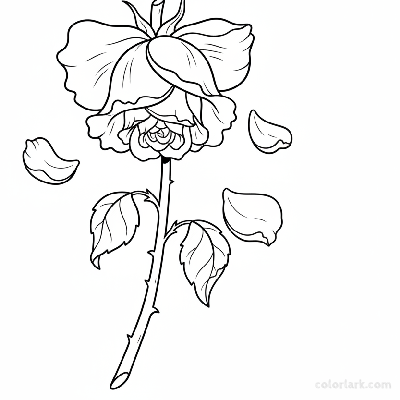 Black and white line art of a rose with gracefully drooping, wilting petals, showing delicate decline