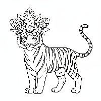 Indian tiger with crown of jungle flowers, free printable coloring page