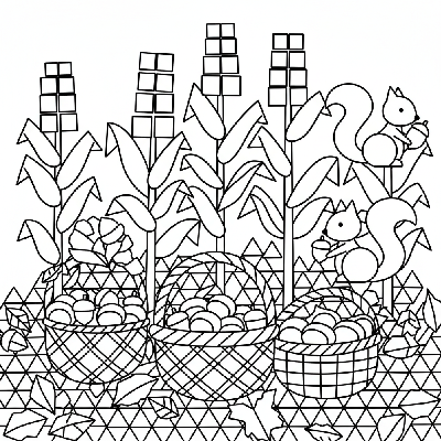 Black and white line art of an autumn woodland forage with corn stalks, squirrels, and baskets of nuts, all composed of circles, squares, and triangles.