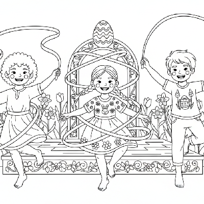 Black and white line art of three diverse children joyfully performing ribbon dances for an Easter celebration.