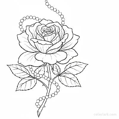 Black and white line art of a blooming rose with a delicate string of pearls elegantly draped around it
