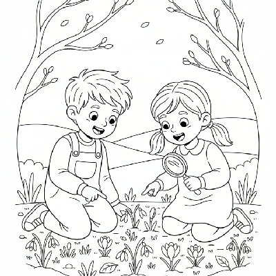 Black and white line art of two children kneeling, looking for the first spring flowers in a garden.