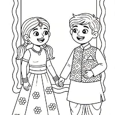 Excited children admiring their brand new traditional Diwali clothes and simple jewelry, full of wonder, black-and-white line art