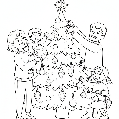 Black and white line art of a family hanging shiny balloon-shaped ornaments on a playful Christmas tree.